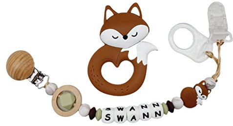 Attache tétine sucette personnalisée/prénom/bébé naissance cadeau, modèle renard silicone (Attache + Hochet + Porte Clés)