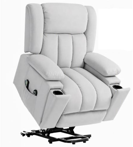 HOMCOM Fernsehsessel mit Aufstehhilfe Elektrisch Liegefunktion Hellgrau | Relaxsessel, Wärme- & Massagefunktion, Massagesessel, Fernbedienung, Becherhalter, Seitentasche, USB, Taschenfederkern, Samt
