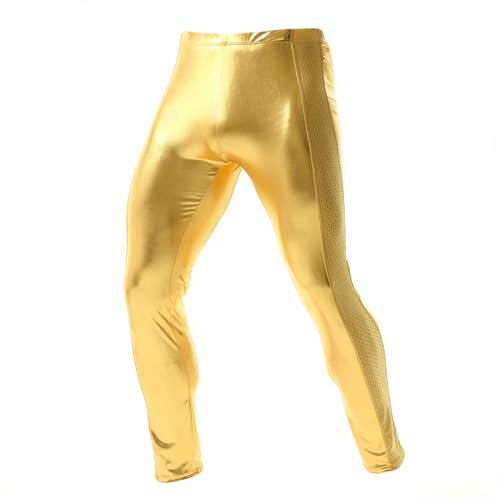 YUFEIDA Men's Metallic Legging Pants Reflective Long Pants Slim Fit Stage Dance Disco Active Casual Sports Leggings Gold
