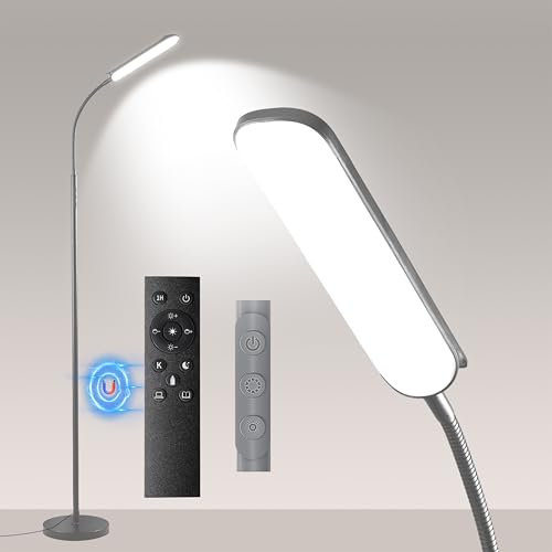 Yikuneng Dimmbar Grau Stehlampe, 18W Super Hell LED Leselampe Stehlampe mit Fernbedienung | 360° Flexibler Schwanenhals | 1800 Lumen Modern Standleuchten für Wohnzimmer Schlafzimmer Büro