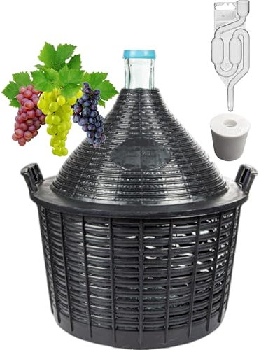 lilawelt24 5L Glasgärballon+Gärröhrchen+Gummistopfen Weinballon mit Korb Glasballon Gärbehälter Glasflasche, Weinherstellung,Flasche Fermentation,Meische Wein Machen Gären(5L MIT ZUBEHÖR)
