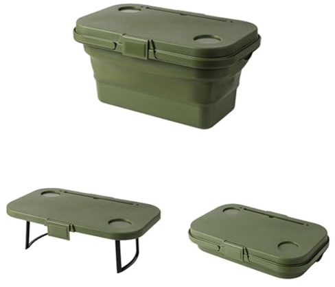 GreatRise Faltbarer Picknickkorb Camping Aufbewahrungsbox mit Tisch Tragbar Plastik Campingbox mit Deckel Multifunktional Klappbox für Camping Wandern Outdoor Grillen Angeln Armeegrün