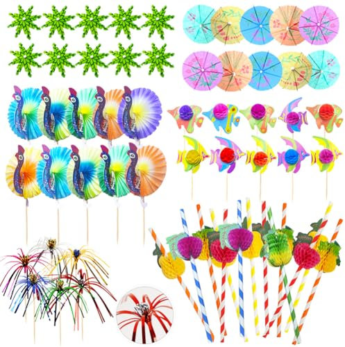 Cocktail Accessories for Drinks, 80 Pcs Cocktail Party Decorations with Cocktail Umbrellas Cocktail Straws Sparkler Sticks for Party Decoration, Cake Toppers, Bar, Birthday, Picnics, Beach