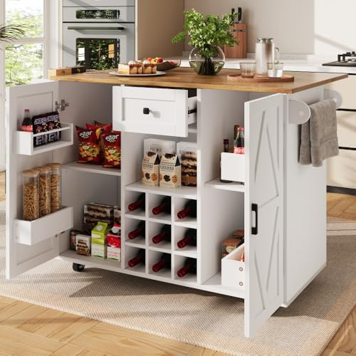 Zubaliya Desserte îlot de Cuisine sur roulettes, Meuble de Cuisine avec Plans de Travail Rabattable, Porte-torchons, 1 Tiroirs, 2 Portes avec Rangement avec étagère Range, Meuble Buffet