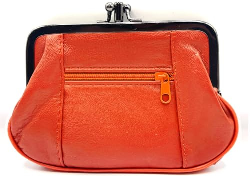 Charmoni - Portefeuille Femme - Porte Monnaie Fermeture clic clac Fermoir - Poche zippée - en Cuir d'agneau - 15 x 10 x 1 cm (Orange)