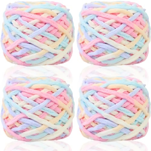 Duscdesp 4x100 g Chenille Wolle zum Häkeln Dickes Garn,Dicke Wolle zum Handstricken, Flauschig Chunky Yarn,Bunte Häkelwolle Set,Knitting Chenille Garn,Weben von Schal, Mützen,Decke