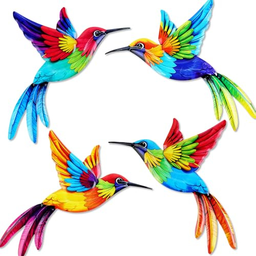 YiYa 4er-Set Metall Kolibri Wandkunst Deko Boho Kolibri-Wand-Dekor Rustikale Vogel Wanddekoration für Innen Außen, Wohnzimmer Schlafzimmer Patio Garten