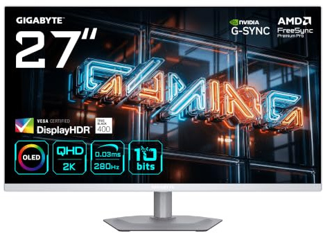 Gigabyte MO27Q2A Ice 27” OLED 2K QHD Gaming-Monitor - 2560 x 1440, 280Hz, 0.03ms, 250 cd/m², FreeSync Premium Pro, DisplayHDR True Black 400, HDMI 2.1, DisplayPort 1.4