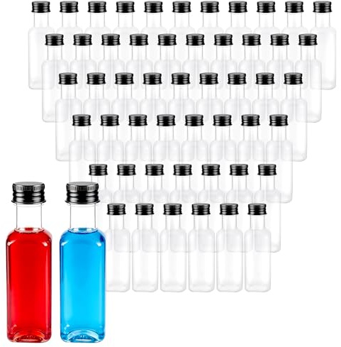 MAHIONG 50PCS Small Plastic Bottles with Lids, 50ml Miniature Alcohol Bottles, Mini Shot Bottle for Home, Wedding, Party