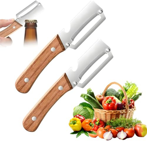Wooden Handle Peeler, Multi-Functional Vegetable Peeler for Kitchen, Stainless Steel Vegetable Peeler with Wooden Handle, 2 in 1 Peelers for Kitchen & Built-in Bottle Opener, Easy to Use (2pcs)