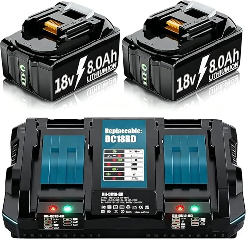 2 X 8.0Ah 18v Akku mit Ladegerät Ersatzakku für makita Akku BL1830B BL1840 BL1850 BL1850B BL1860 BL1860B BL1815 LXT-400,18V 8000mAh Ersatzakku mit Netzteil Dual Port 6A Ladegerät