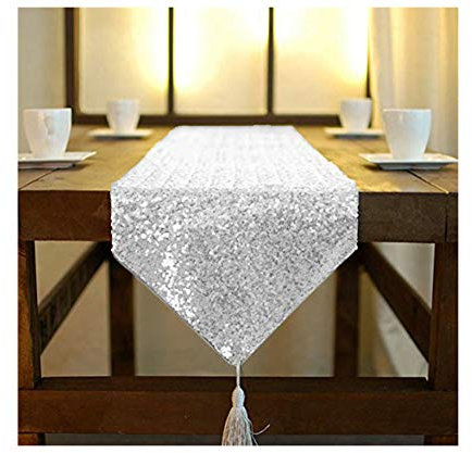 ShinyBeauty Tischläufer mit Quaste schimmerndes 30 x 180 cm mit Glitzer und runden Pailletten Tischläufer für Party Hochzeit Bankett Tischdecke dekorativ (Silber, 30x180cm)