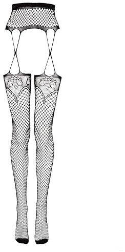 Lovehoney Fishnet Tights for Women | All-in-One Patterned Thigh High Black Stockings with Suspender Belt | Size 8-22