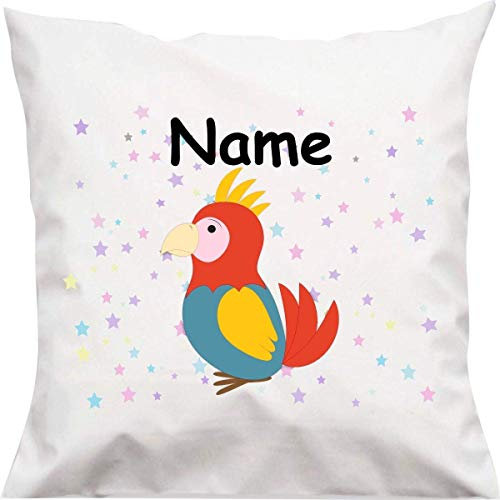 Shirtinstyle Kopfkissen, Papagei mit Wunschname, Text, Wunschtext, Kinder Kinderzimmer Deko, Dekokissen mit Füllung, Motiv, Logo, Name, Größe 40x40cm