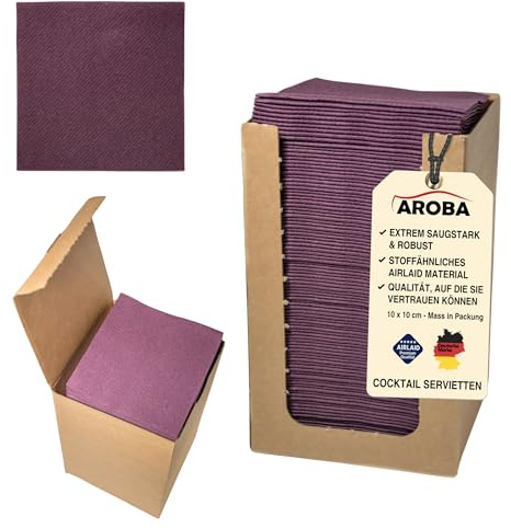 200 Aroba Airlaid Cocktail Servietten Stoffähnlich Dessert Serviette 20x20 cm 1/4 Falz Hochwertig|21 Farben|Hochzeit Geburtstag Bar Caffee Disco Hotel Catering Party Violett