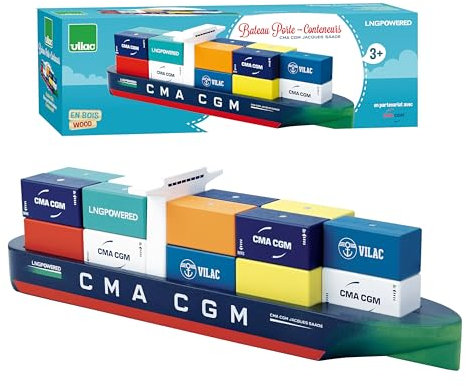 Vilac- Bateau Porte-conteneurs Jacques Saadé - 18 Unité (Lot de 1) - Bateau en bois laqué pour enfant - Jeux et Jouets 2356S, Bleu