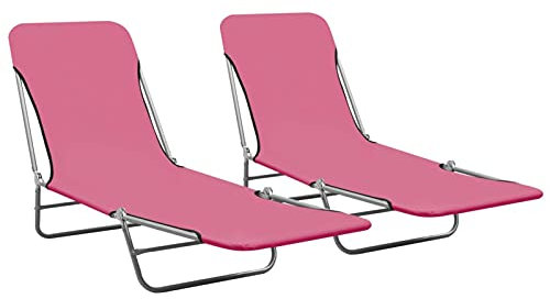 Kstyhome Lot de 2 chaises longues pliantes avec structure en acier verni à la poudre, fauteuil pour le temps libre, chaise de plage 55 x 182 x 24 cm - rose