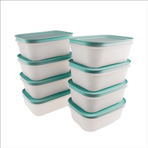 TUPPERWARE Lot de 8 récipients de congélation 450 ml bleu pétrole cristal de glace + mini entonnoir violet