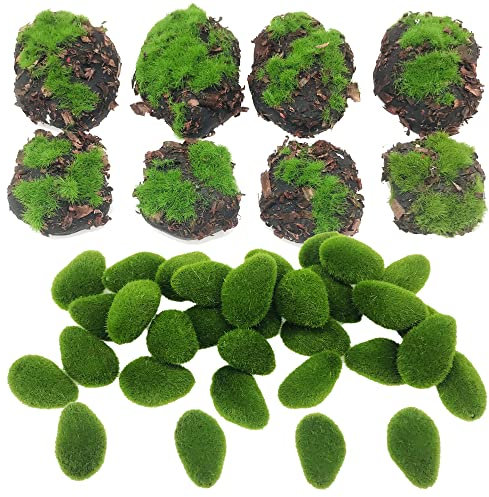 NA Woohome 38 Stück Moosbälle Künstliche, 30 Stück Künstliche Moosfelsen Dekorative und 8 Stück Sägespäne Stein Künstliche Moos Steinen für Blumenarrangements, Feengärten und Basteln