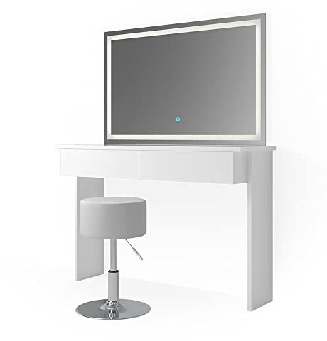 Vicco Schminktisch Azur, Kosmetiktisch mit Spiegel, Weiß, 120 cm mit LED-Spiegel und Hocker