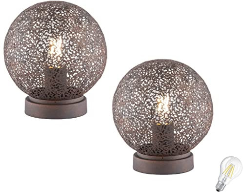 Lichthandel Hoch 2er Set Tischleuchte E27 Rostoptik m. Schnurschalter Retro Beistelltisch Tischlampe Nachttischlampe Lampe Vintage incl. LED (2er Set Rost)