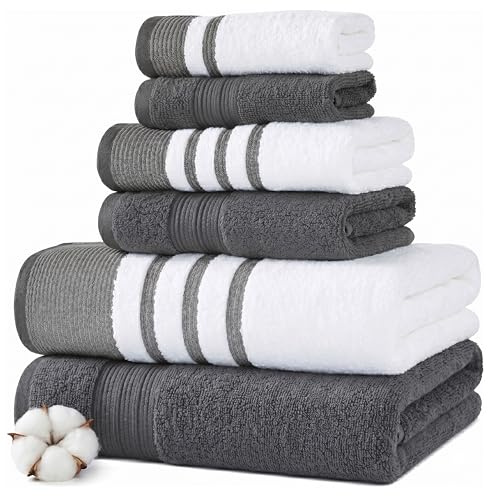 Modern Threads 6 Piece Bath Towel Set – Bathroom Towel Set with 2 Bath Towels, 2 Hand Towels & 2 Washcloths – 100% Cotton, Soft & Absorbent – Classic Border Stripe (Gray)