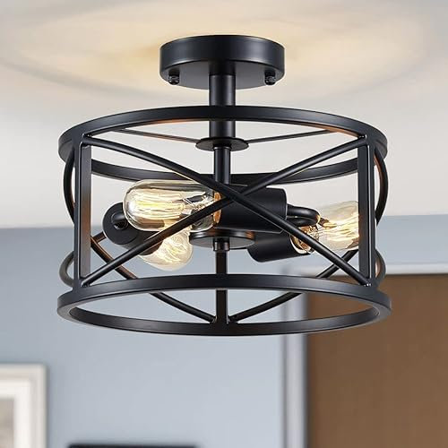 WUZUPS Kronleuchter 3-Licht Vintage Bauernhaus Industrielle Halbbündige Montage Deckenleuchte Moderne Beleuchtung für Foyer Schlafzimmer Flur Lagerraum Küche Bad, H 30 x W 24, E27 Basis, Schwarz