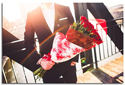 Gentleman Holding A Bouquet Of Roses And Waiting For His Wife, Leinwanddruck, Poster, Wandkunst für Zuhause, 1 Stück, Dekorationen, ungerahmt 61 x 40,6 cm