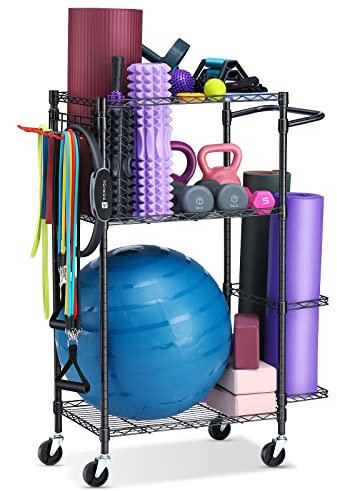 FHXZH Home Gym Storage Rack, Workout Equipment Storage Organizer for Yoga Mat Yoga Ball Dumbbell Kugelhanteln Foam Roller Resistance Bands Exercise Equipment Storage with Hooks and Wheels