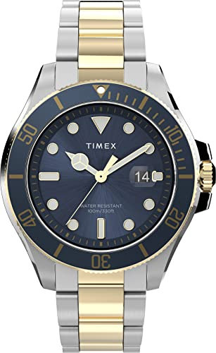 Timex Men's Harborside Coast 43mm Watch Blue Dial & Top Ring with Two-Tone Case & Stainless Steel Bracelet