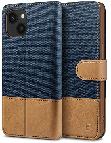 BEZ Handyhülle für iPhone 14 Hülle, Tasche Kompatibel für iPhone 14, Schutzhüllen aus Klappetui [Canvas Kunstleder] mit Kreditkartenhaltern [RFID Schutz], Ständer, Magnetverschluss, Blaue Marine