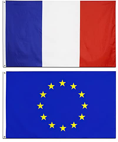 Drapeau Français + Européen 90x150cm, Drapeaux Francais + UE avec œillets en laiton Couleurs Vives Couleurs Vives Parfait pour événements sportifs, historiques ou politique