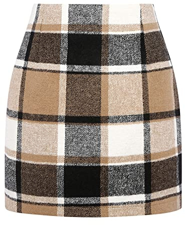 Womens Wool Plaid Mini Skirt Fall Winter High Waisted Bodycon Pencil Skirt (Brown New, XS)
