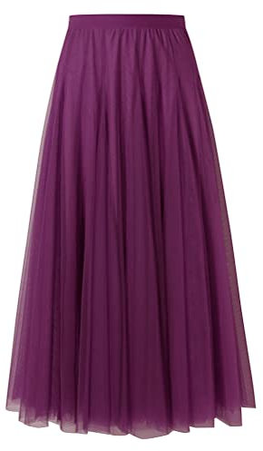 shownicer Gonna Donna Elegante Elastica A-Linea a Strati Abito Lungo a Pieghe in Tulle Motivo Floreale Gonne Midi in Pizzo a Vita Alta Orlo alla Caviglia Casual A Viola Scuro XL