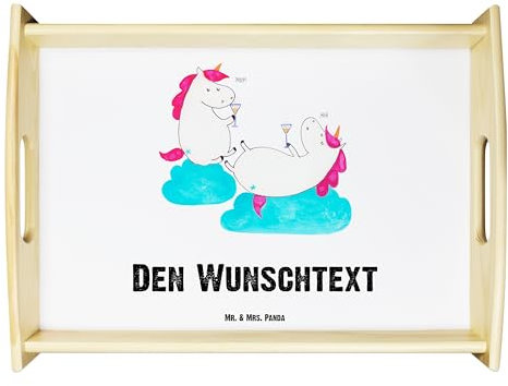Mr. & Mrs. Panda Personalisiertes Serviertablett Einhorn Sekt - Personalisierte Geschenke, Personalisiertes Holztablett, Personalisiertes Tablett,