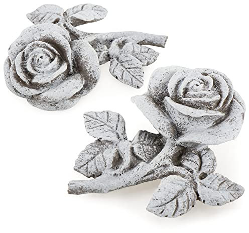 com-four® 2X décoration de Tombe Rose - Pierre commémorative en Forme de Fleur de Rose avec Feuilles et Tige - décoration de Tombe résistante aux intempéries - Pierre de deuil (1 Paire - Roses)