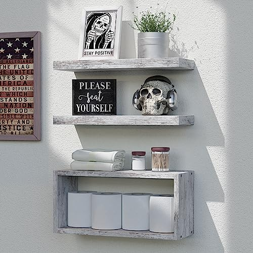 RICHER HOUSE 3er-Set Wandregal Holz, Rustikales Weiß Schweberegal | Wand Montierte Badezimmerregale,Regale für Wanddekoration, über WC Wandregale für Badezimmer, Schlafzimmer, Wohnzimmer, Küche