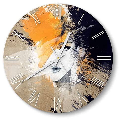 DEQORI Glasuhr | rund Ø 30 cm | Motiv Abstraktes Gesicht | ausgefallene leise Design Uhr aus Glas | Wanduhr für Wohnzimmer & Küche | Moderne Hingucker Uhr für die Wand