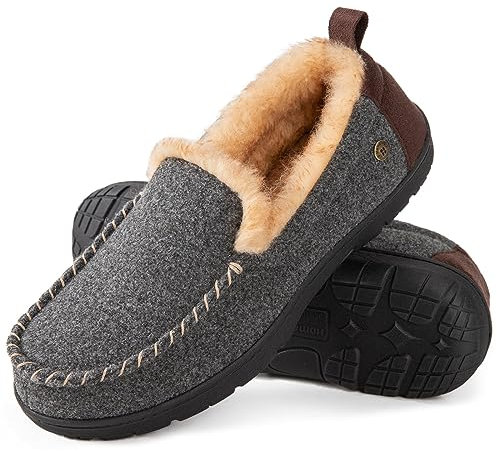 HomeTop Men's Classic Moccasin Slippers Comfy Fuzzy Warm Memory Foam Indoor House Shoes Grey,10 UK