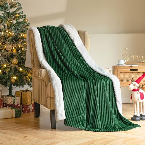 MIULEE Kuscheldecke Dicke Wohndecke Lammdecke Bettdecke Gestreifte Flauschige Weiche Decke Sofaüberwurf Couchdecke für Bett Sofa Wohnzimmer 125x150 cm Dunkelgrün