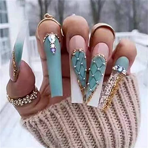 24pcs Rhinstones Light Green Fake Nail Coffin Long Press on Nails for Women and Girls Nail Art Manicure Decoration
