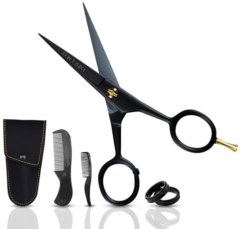 Ontaki Forbici da Barba e Baffi Tedesche da 12,7 cm, 2 Pettini, Custodia per Trasporto, Forbici per Barba Forgiate a Mano con Poggia Dita (Nero)