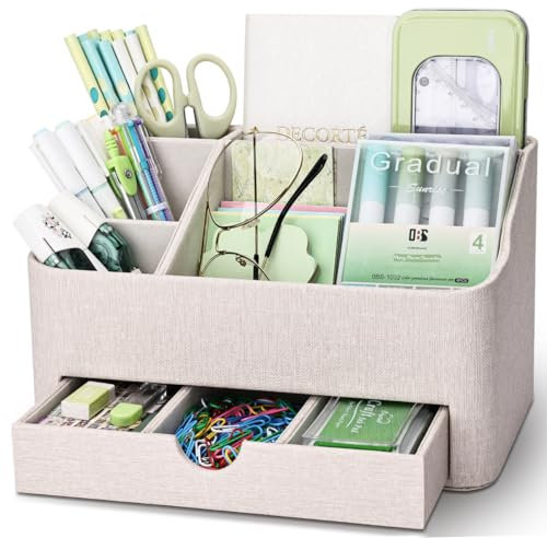 KINGFOM Büro Schreibtisch Organizer Mit 5 Fächern & Schubladen, Multifunktionales Ordnungssystem - Stiftehalter für Schreibtisch Organisation in Büro, Zuhause, Schule (Beige)