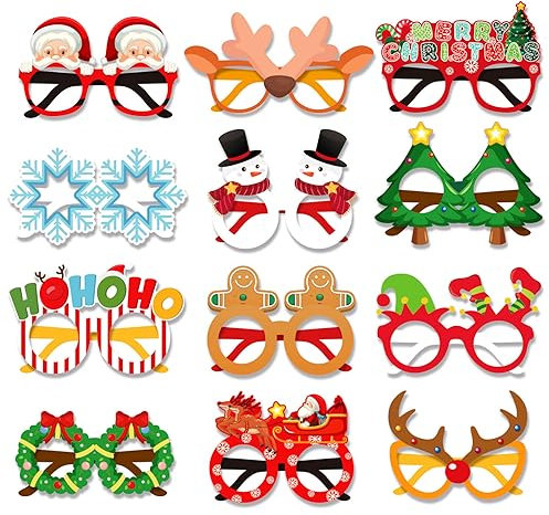 12 Stück Weihnachtsbrille Brille Rahmen lustig Weihnachts Papier Brille Neuheit Weihnachten Foto Requisiten Brillenrahmen Weihnachtsgläser Brille für Weihnachsparty Kostüm Dekoration Kinder Erwachse