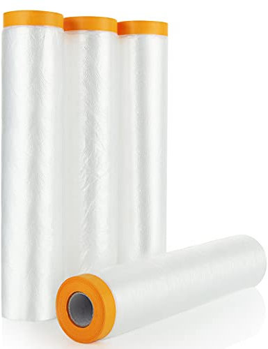 MUXHEL 4 Rouleaux 240cm x 20m Bache de Protection Peinture, Papier de Masquage Peinture Transparente, Film de Masquage avec Ruban de Adhésifs Masquage Peinture pour Meubles Anti Poussière Protection