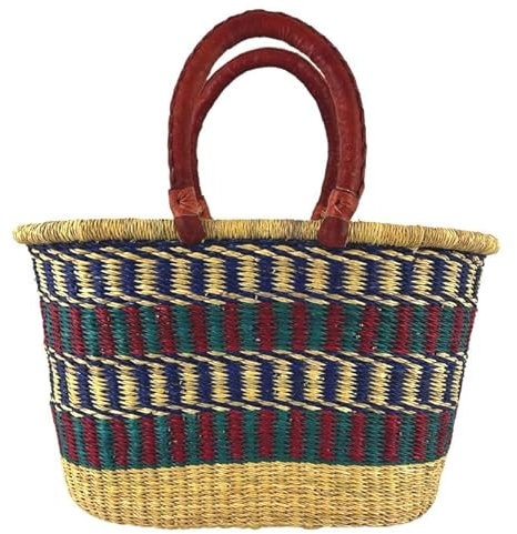 Bolga Korb Afrika - Das Original aus Ghana - Bunt - Fair Trade - Oval - Viele Farben - Afrikanischer Graskorb mit Ledergriff - Flechtkorb 30-40 cm - Ovaler Korb mit Wunschdesign (Tarkwa)