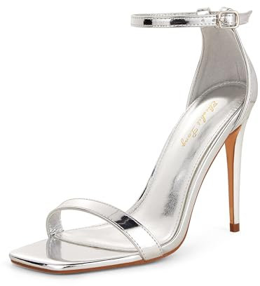 Zhabtuc Décolleté con tacco alto da donna, punta aperta quadrata, cinturino alla caviglia, tacco alto da 11 cm, scarpe eleganti e comode, argento, 38.5 EU