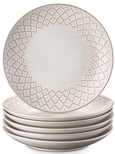 DOWAN Assiettes de Salade et Dessert en Grès, aux럴ries dès 22cm,plt de Service pour l'Apéritif, le Petit-déjeuner ou les Sushis: Résistant aux Micros Mobiles, Blanc Vintage | Lot 6