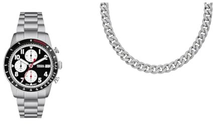 Fossil Herrenuhr Sport Tourer und Halskette Harlow, Silber Edelstahl, Set
