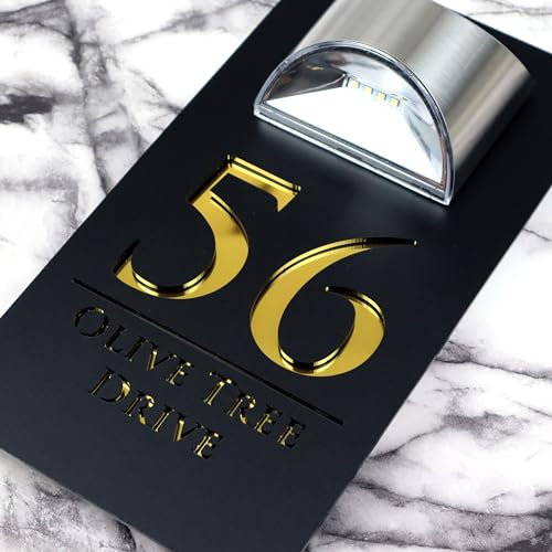 K Smart Sign | Bellissima LED F32 | Contemporary House Signs Plaques Door Numbers 1-9999 Street Name SOLAR LIGHT LED For Wall Personalised Laser Cut Mirror! (Matt Black & Gold Mirror)